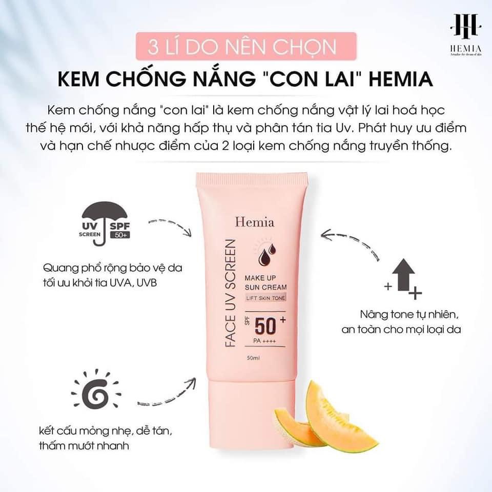 Kem chống nắng HEMIA dưỡng trắng nâng tông SPF50+, chiết xuất 100% tự nhiên hàng chính hãng