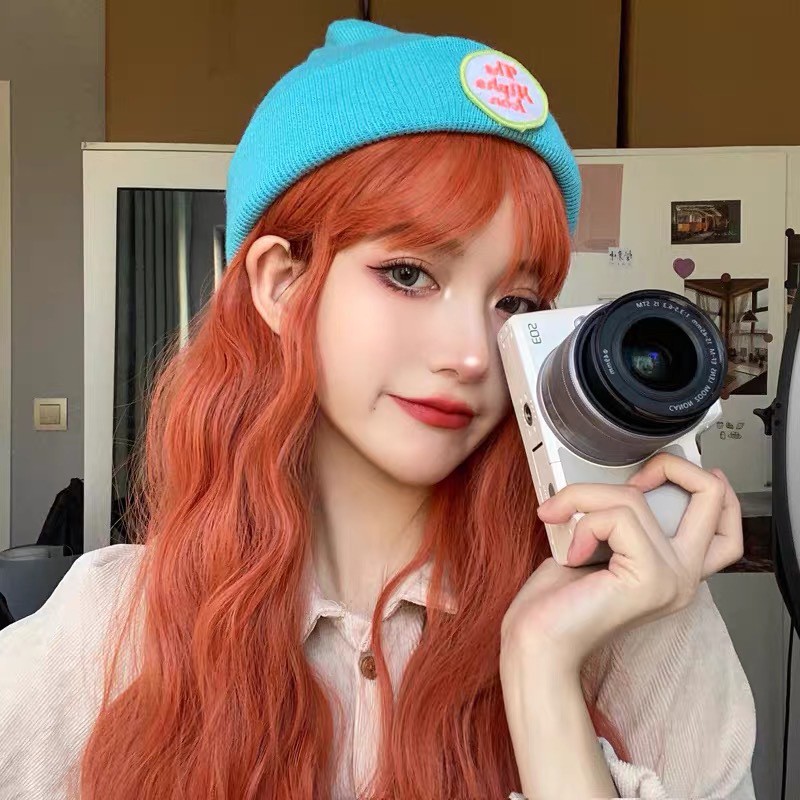 Bộ Tóc Giả Nữ Xoăn Dài Màu Cam Cá Tính