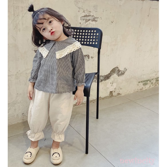 Áo tay dài họa tiết caro chất liệu cotton phong cách Hàn Quốc cho bé gái