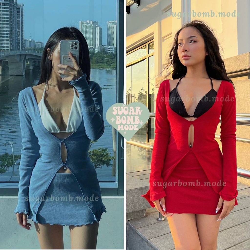 Áo Croptop Tay Dài Thiết Kế Chân Váy Ôm Body Áo Ngực Sexy sugarbomb.mode Chất Vải Co Giãn Đi Biển +