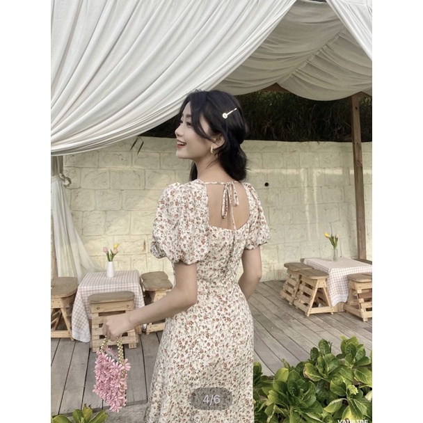 Đầm Lép vintage hoa nhí tay phồng xẻ đùi nữ tính