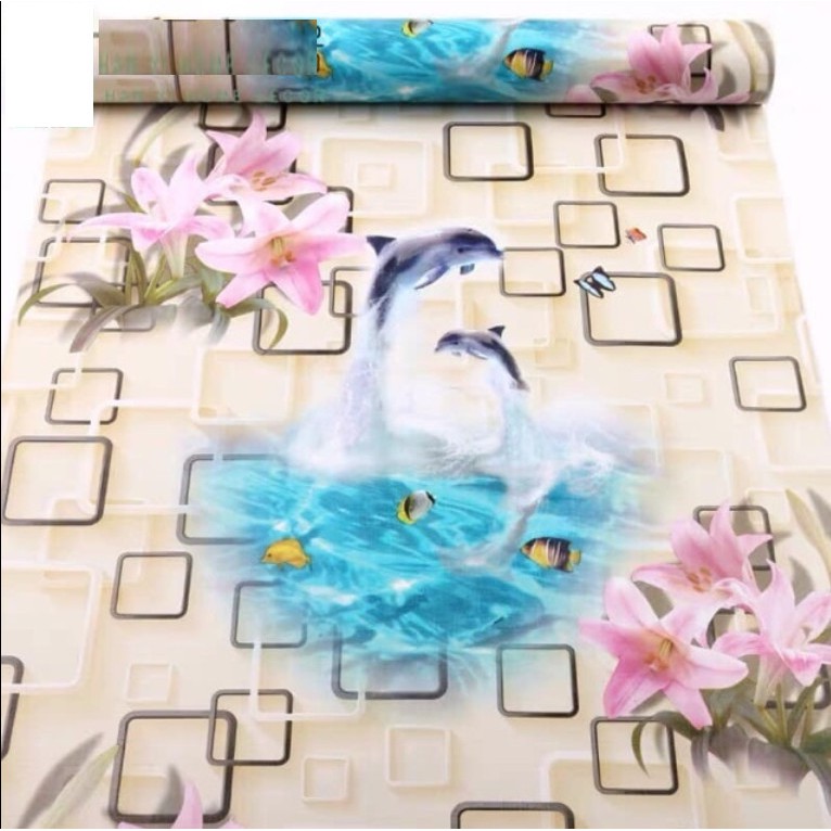 Decal giấy dán tường cá và hoa nền vàng kem khổ 45cm keo sẵn