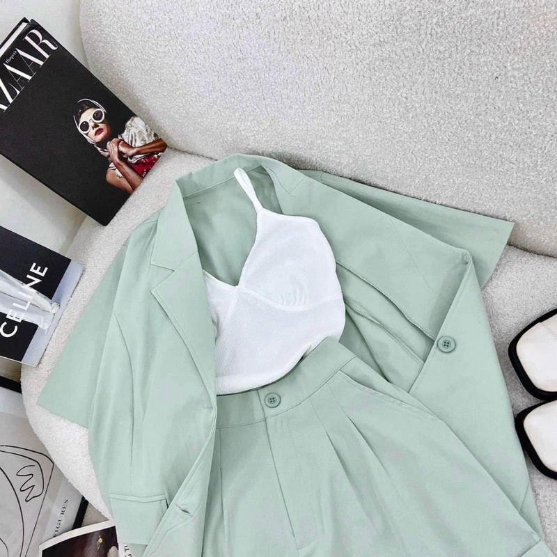 [ 𝐅𝐑𝐄𝐄 𝐒𝐇𝐈𝐏 ] SÉT VEST XANH QUẦN SOOC 3 MÓN Ạ . CHẤT CHÉO THÁI MẶC LÊN ĐỨNG FORM LẮM Ạ