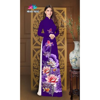 áo dài họa tiết màu tím cổ tròn