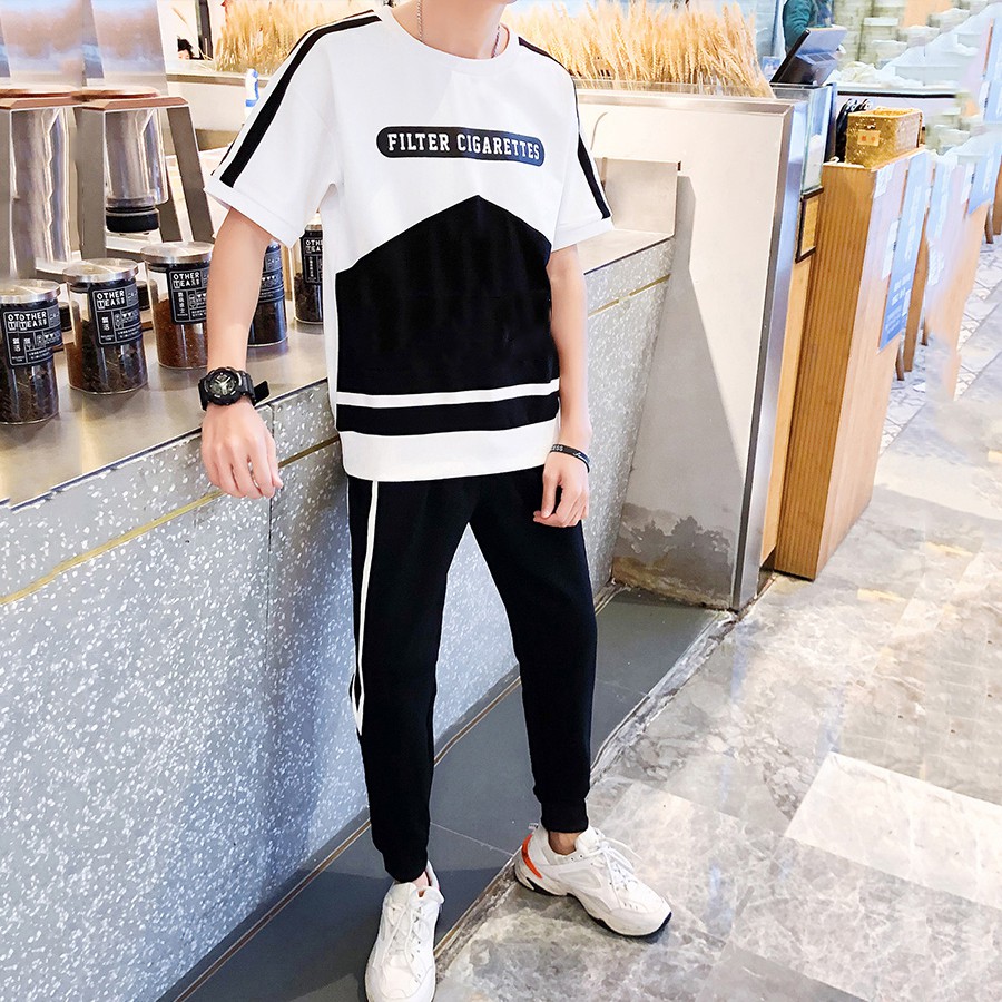 Bộ Quần Áo Thun Nam Ngắn Tay Phối Hai Màu Đen Trắng Quần Dài Phối Sọc Thời Trang Đường Phố SET NAM 90000110C2 | BigBuy360 - bigbuy360.vn