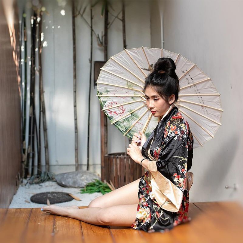 Áo choàng ngủ hóa trang kimono - cosplay sexy phong cách geisa Nhật Bản màu đen