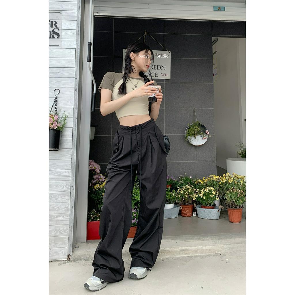 QADCOL Quần ống rộng Màu Đen Phong Cách retro Thời Trang Mùa Hè Dành Cho Nữ