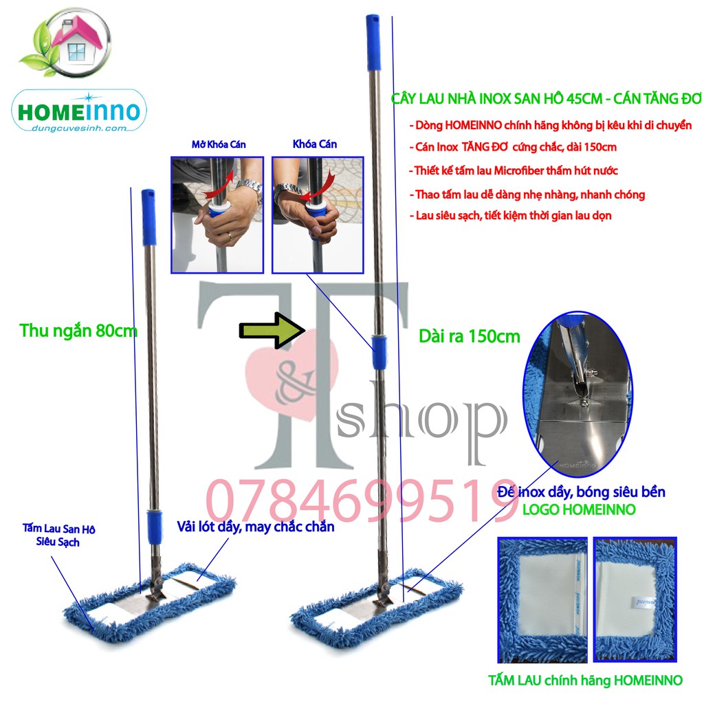 Cây Lau Nhà Công Nghiệp Inox Microfiber San Hô 45cm Homeinno Cán Rút 80cm-150cm