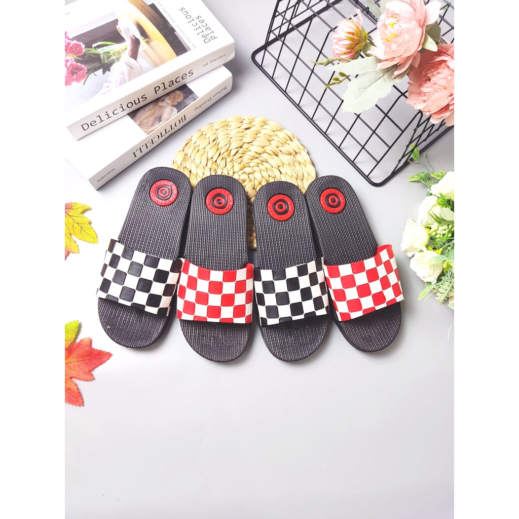 combo Dép nữ đế bánh mì, dép quai ngang kẻ caro chất liệu cao su non siêu êm thơm (ảnh thật)