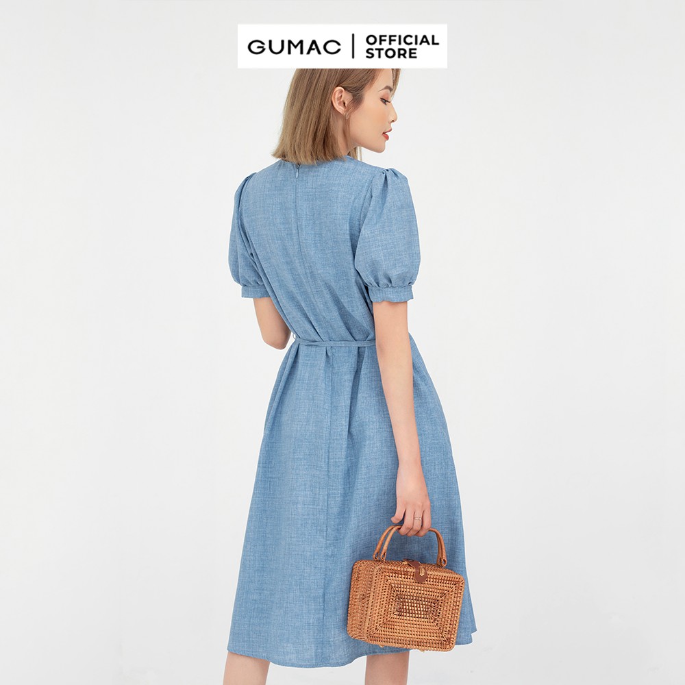 [Mã MABR07062 giảm 8% tối đa 50K đơn từ 249K] Đầm xòe nữ nẹp nút phối cổ GUMAC màu xanh tay ngắn DB574 | BigBuy360 - bigbuy360.vn