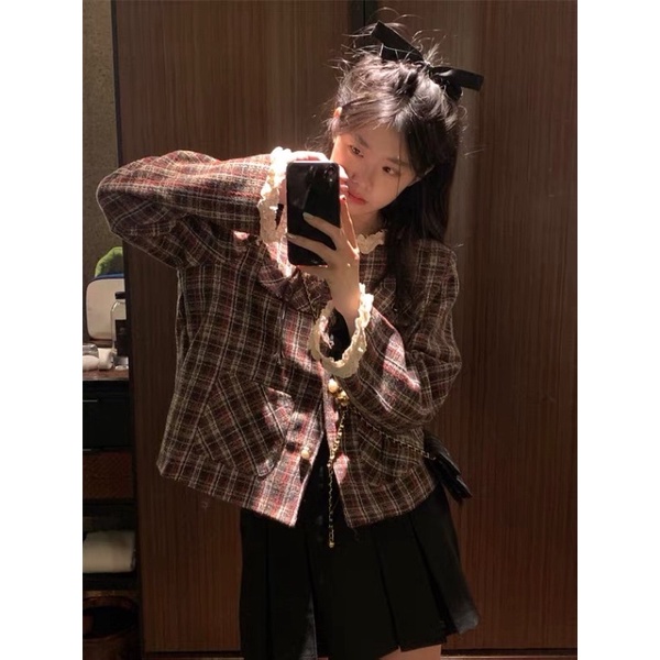 Ảnh thật 45678 | Áo khoác dạ kẻ tiểu thư phối viền ren