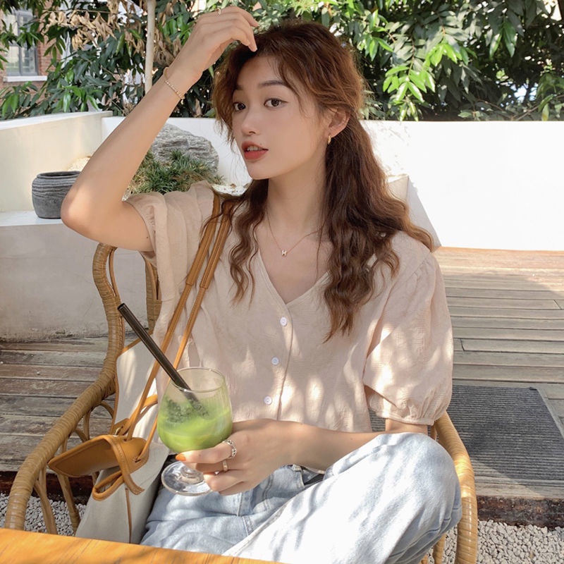 Áo Sơ Mi Tay Ngắn Ngọt Ngào 185214 Áo Sơ Mi Cổ Chữ v Dáng Rộng Phong Cách Hàn Quốc Thời Trang Mùa Hè