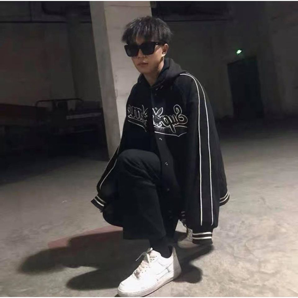 Áo Khoác BomBer Đen Sup.Reme tai thỏ Line Viền form rộng unisex nam nữ