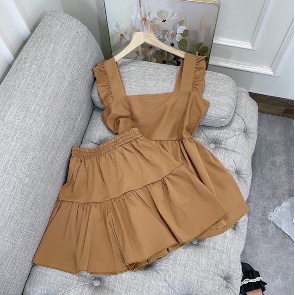 Set bộ đũi cánh tiên, bộ mặc nhà nữ áo dây cánh tiên cổ vuông chất đũi lụa siêu mát - Mia shore