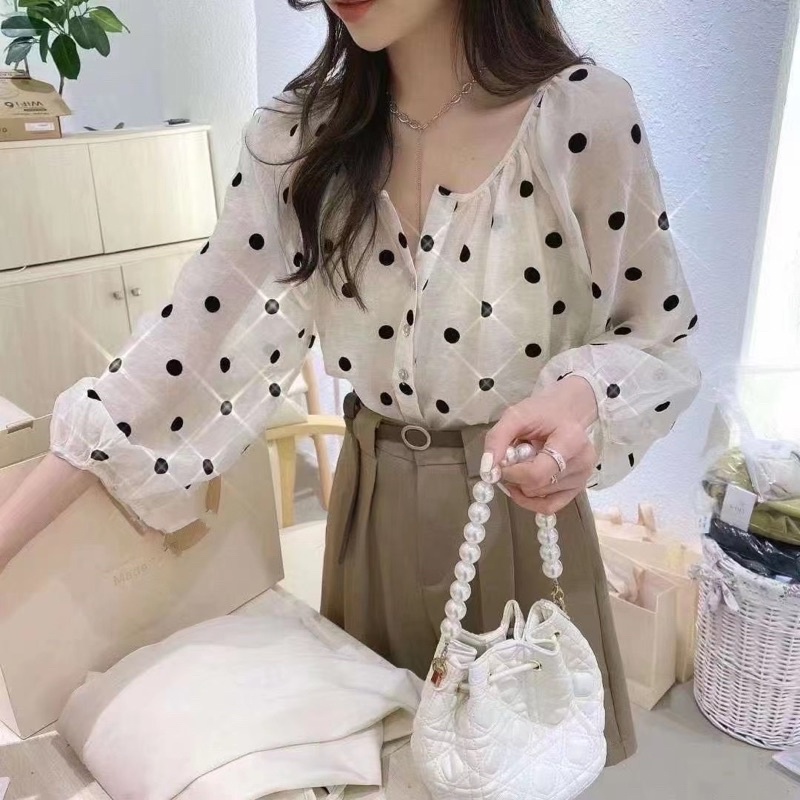 Set áo sơ mi chấm bi+Short+thắt lưng 3 chi tiết