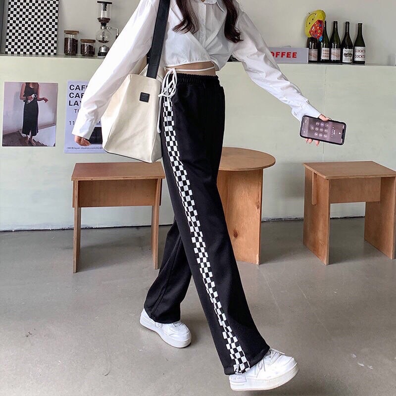 Quần thể thao nỉ jogger phối sọc caro có dây bo gấu (annstore)