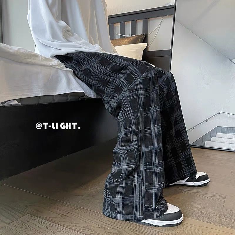 Quần Dài Ống Rộng Họa Tiết Sọc Caro Phong Cách Retro Nhật Bản Thời Trang Cho Nam Và Nữ