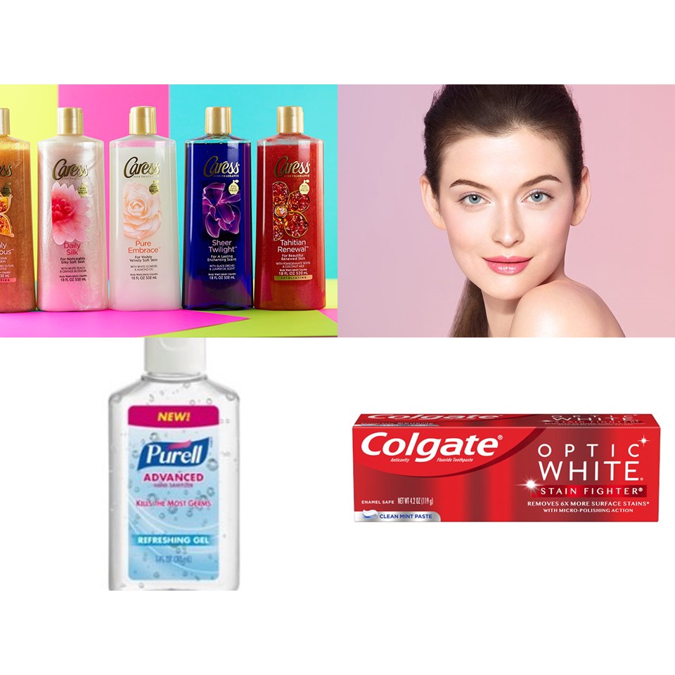 Combo sữa tắm nước hoa Caress (532ml) + Kem đánh răng Colgate + Nước rửa tay khô Purell