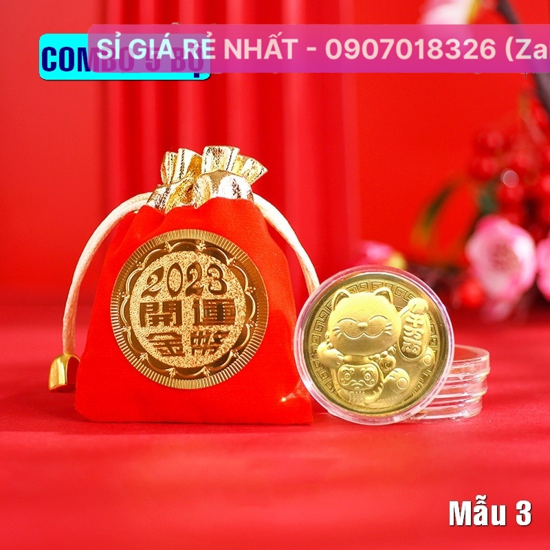 COMBO 10 Đồng Xu Hình Mèo Vàng , tặng túi gấm đỏ 2023 - Mẫu 3