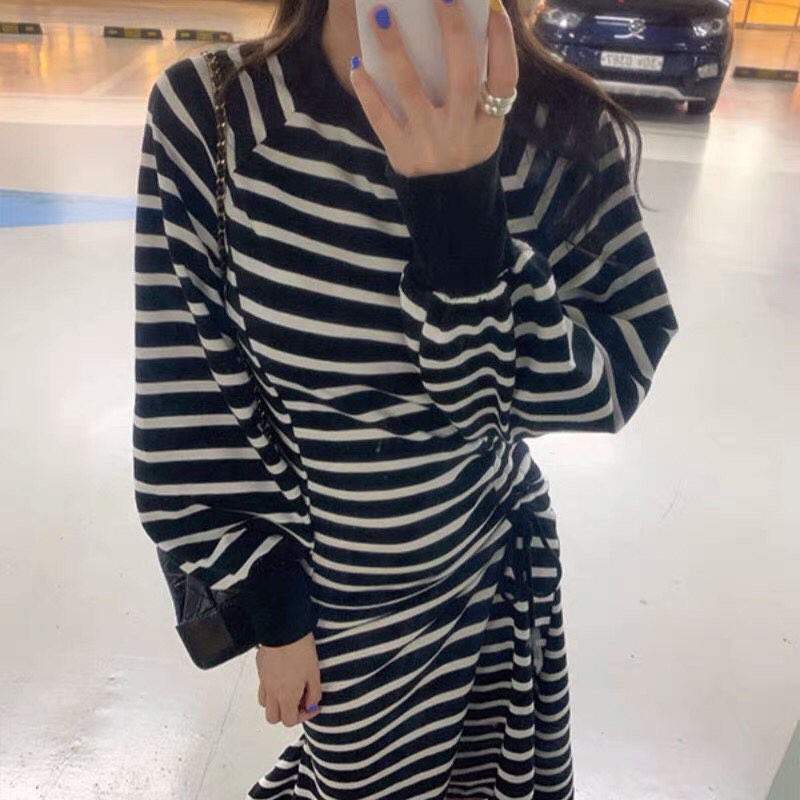 Váy đầm suông kẻ ngang rút eo dành cho mẹ bầu chất cotton dày dặn dáng xuông ấm áp mùa đông bà bầu