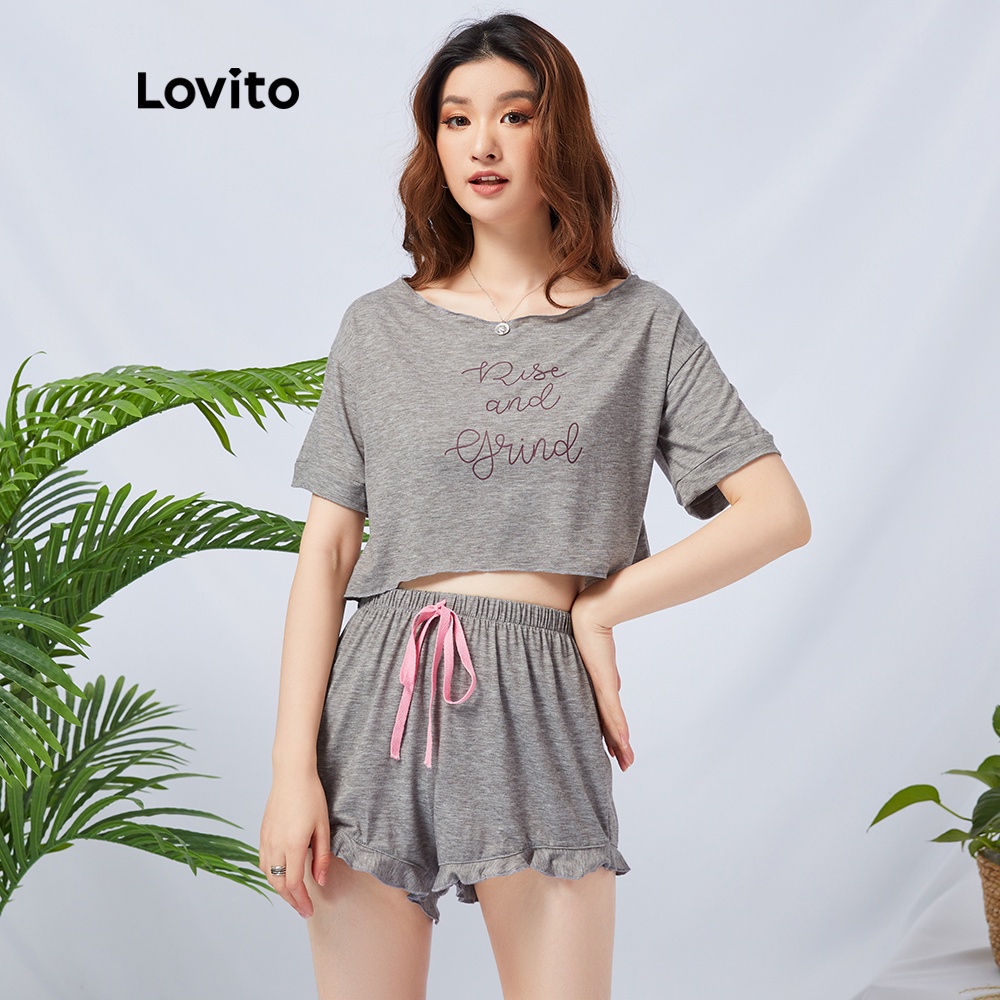 Lovito Bộ đồ ngủ buộc dây in chữ hoạt hình L11073