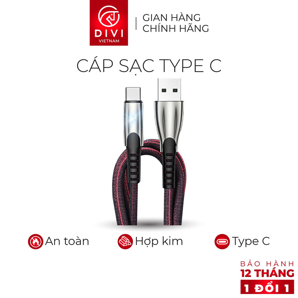 Dây cáp sạc nhanh 5A Type C - DIVI P448 - Vỏ bện nylon - Hàng phân phối chính hãng - Bảo hành 12 tháng 1 đổi 1