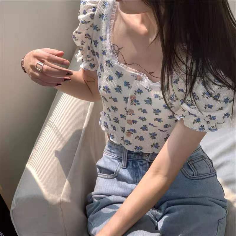 Áo kiểu nữ in hoa cổ điển tay ngắn phồng cổ chữ U viền ren thời trang mùa hè