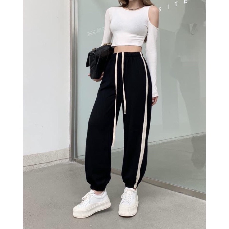 Quần Jogger nữ bo gấu phối sọc có dây rút nỉ tăm loại 1, Quần nỉ tăm nữ sọc viền có dây rút bo gấu KK31
