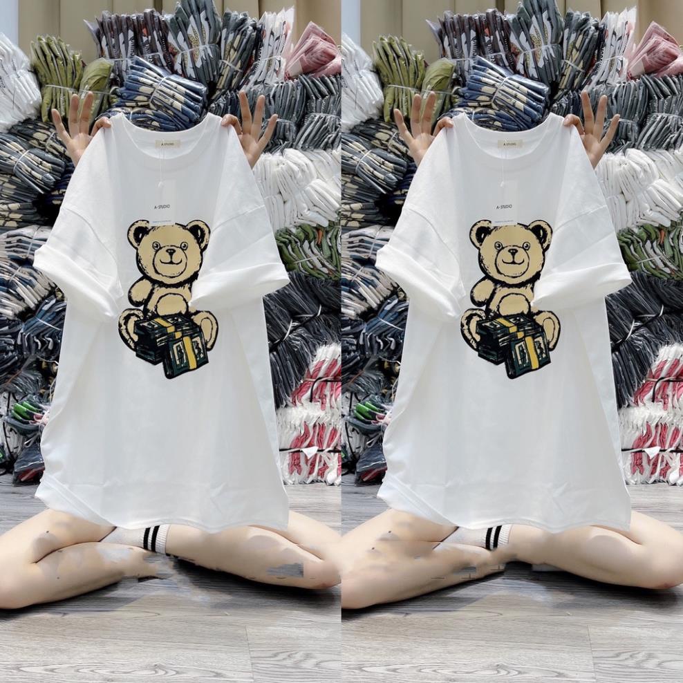 HOT Áo Phông Coton Khô Hình Gấu Form Rộng Unisex Nam Nữ