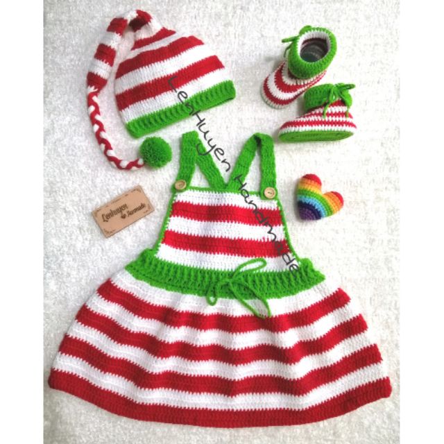 Set áo đầm và nón giày Giáng Sinh đồ len handmade noel cho bé gái