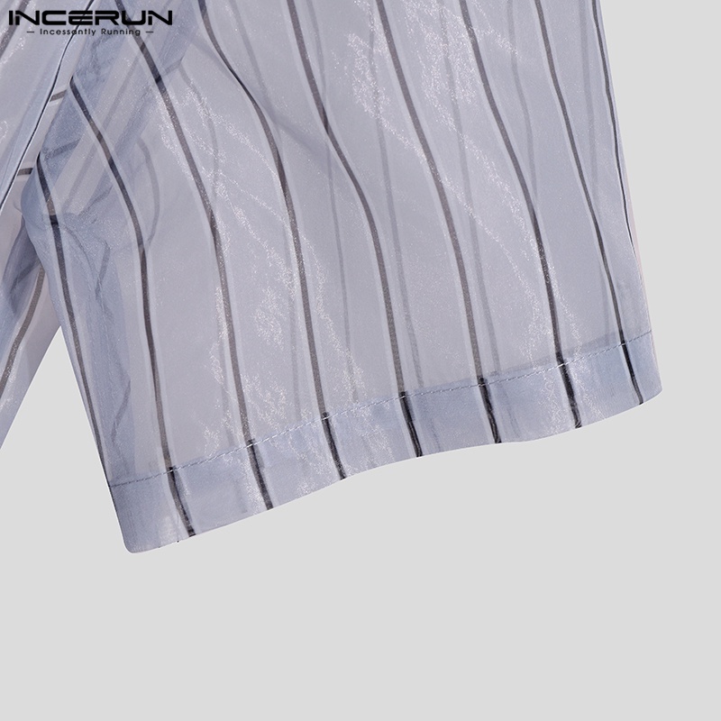 Áo sơ mi Incerun lưới tay ngắn trong suốt dáng rộng cài khuy kẻ sọc cá tính cho nam