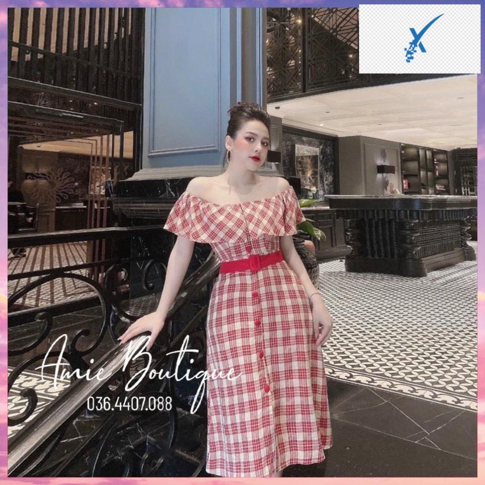 👚👗👚👗 Váy Nữ Đầm Nữ Kẻ Caro Phối Trễ Vai Bánh Bèo Dáng Ôm Chất Thô Cotton Màu Nâu, Đỏ, Vàng, Cam 👚👗