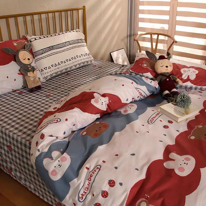 Bộ chăn ga cotton poly M2T Bedding chăn ga Hàn Quốc họa tiết Gấu và Thỏ đủ size miễn phí bo chun