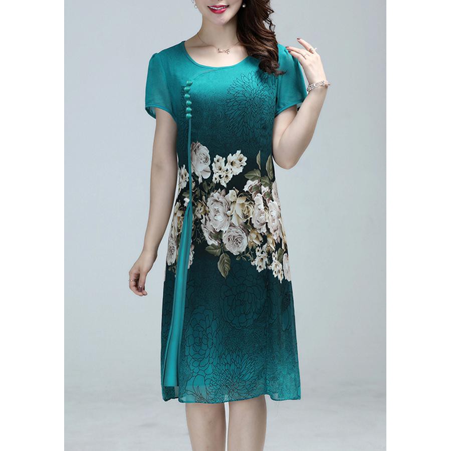 GOTI - Đầm Suông Trung Niên Bigsize Kiểu Chữ A In Hoa Mẫu Đơn Cổ Tàu Màu Xanh Lá 3235