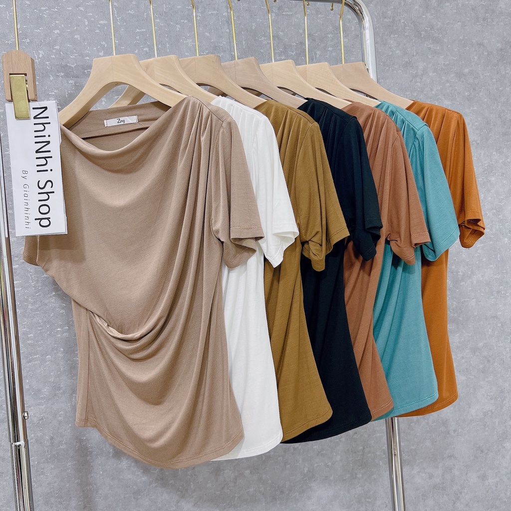 Áo kiểu lệch vai thun dẻo, Áo thun kiểu ngắn tay vai lệch AK1201 - NhiNhiShop