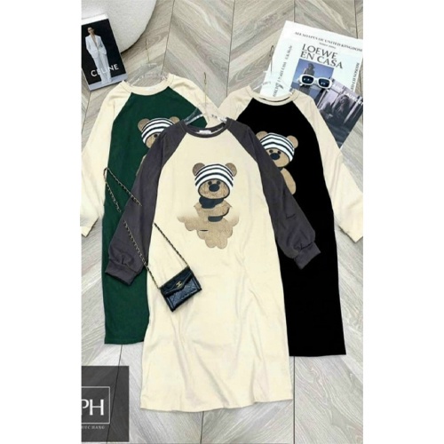 Đầm bầu suông thu đông dáng dài chất liệu cotton váy bầu in họa tiết hình gấu, Váy gấu dài tay cực xinh