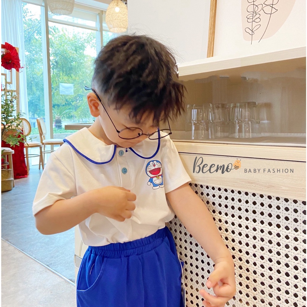 Set bộ thun cộc tay Beemo cho bé trai, bé gái in hình Doraemon trước ngực - 22B007