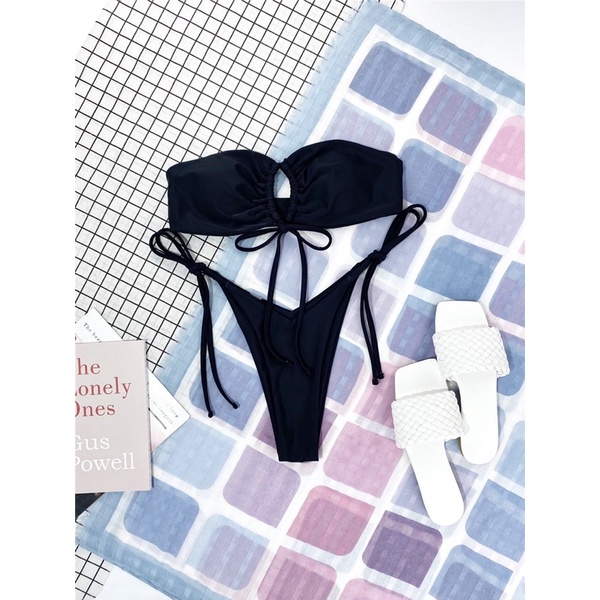 [BKN1164] &lt;ÂU&gt; SET BIKINI QUÂY NƠ NGỰC ĐEN/TRẮNG QUẦN THONG/LỌT KHE