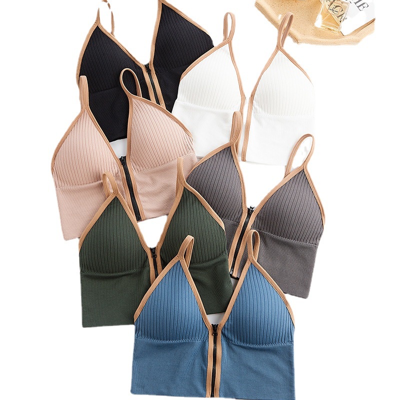 Áo bra gân nữ cá tính 2 dây cổ V khóa kéo trước, áo Croptop đẹp cotton mềm mịn thanh lịch quyến rũ