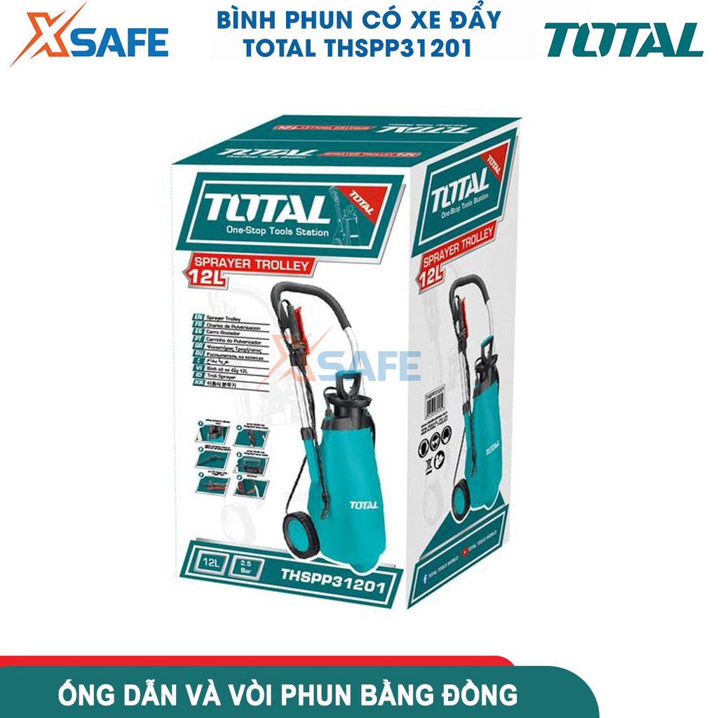 Bình phun có xe đẩy TOTAL THSPP31201 12L, cần bơm kim loại, tay cầm vòng lớn, cán cần thoải mái, áp suất 2.5Bar