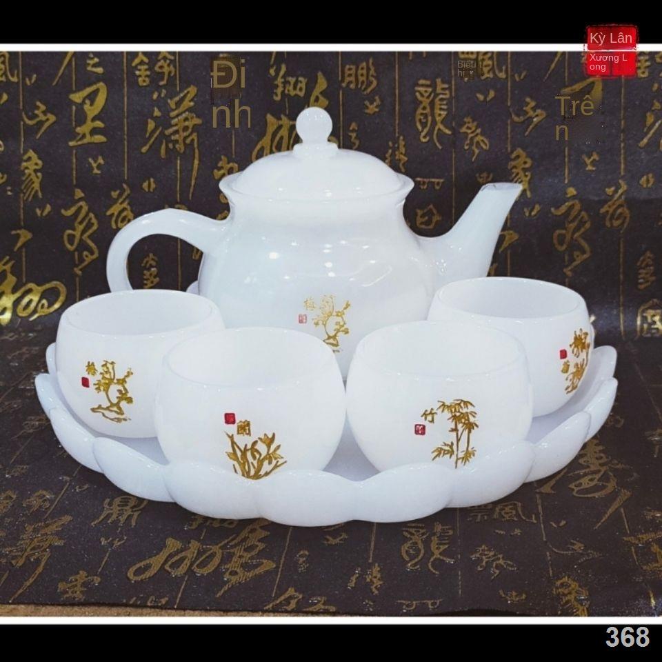 PBộ ấm trà và tách trà, ấm ngọc tráng men, ấm chén ngọc, bộ ấm chén, có khay trà, sứ bạch ngọc, bộ ấm trà Kung Fu cao cấ