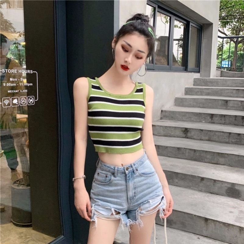 Áo len nữ ba lỗ croptop kẻ ngang 2 màu hàng Quảng Châu