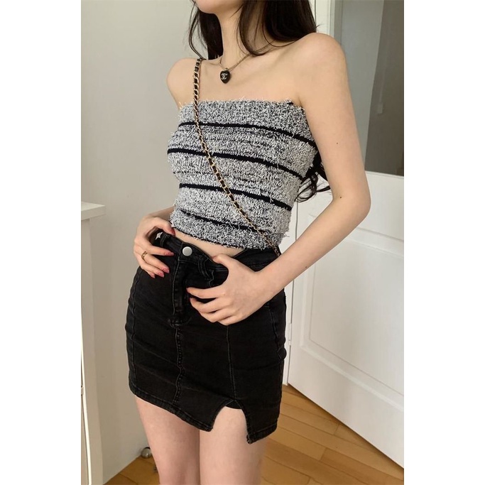 Áo Ống Ngắn Bằng Vải Lông Họa Tiết Kẻ Sọc Chống Chói Gợi Cảm Cho Nữ