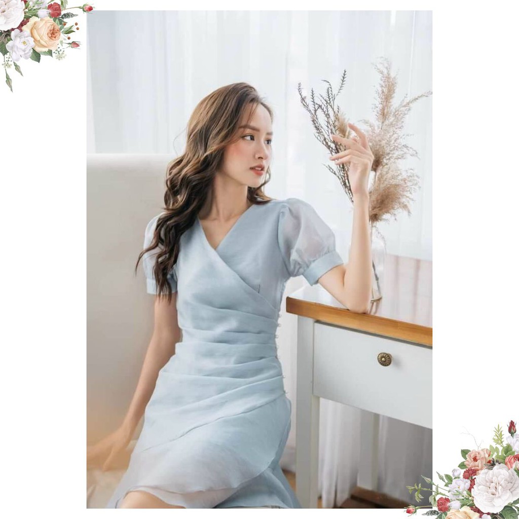 Đầm Dáng Xòe ❤️FREESHIP❤️ Cổ Chéo Xếp Ly Eo Đính Hạt