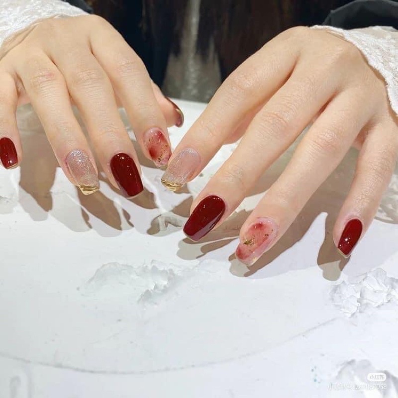 NAILBOX - móng up thiết kế - bộ đỏ phối viền titan