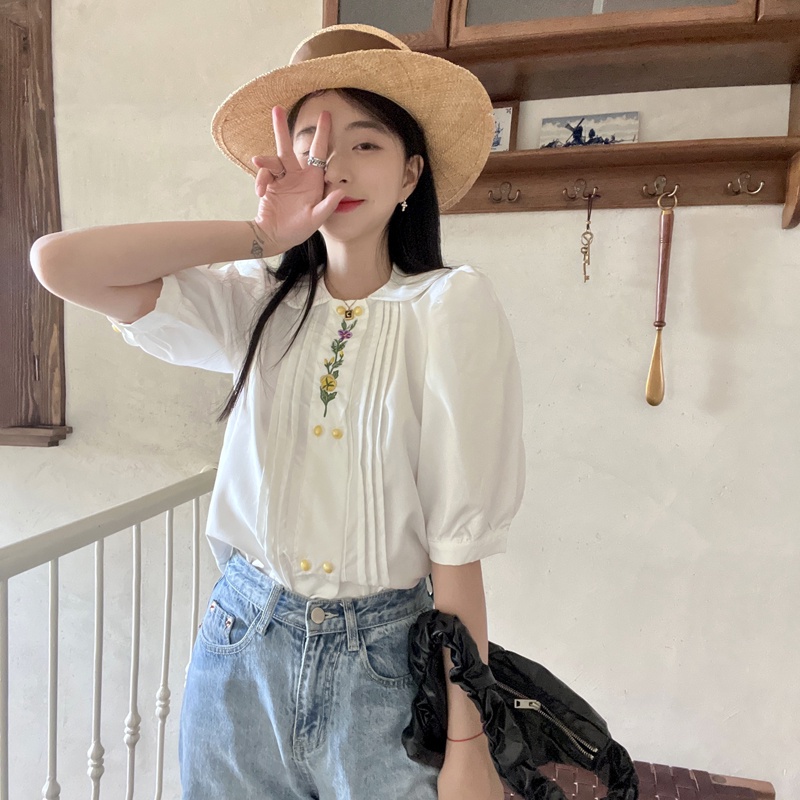 Áo Sơ Mi Tay Ngắn Cổ Búp Bê Thêu Họa Tiết Phong Cách Vintage Thời Trang Mùa Hè Cho Nữ