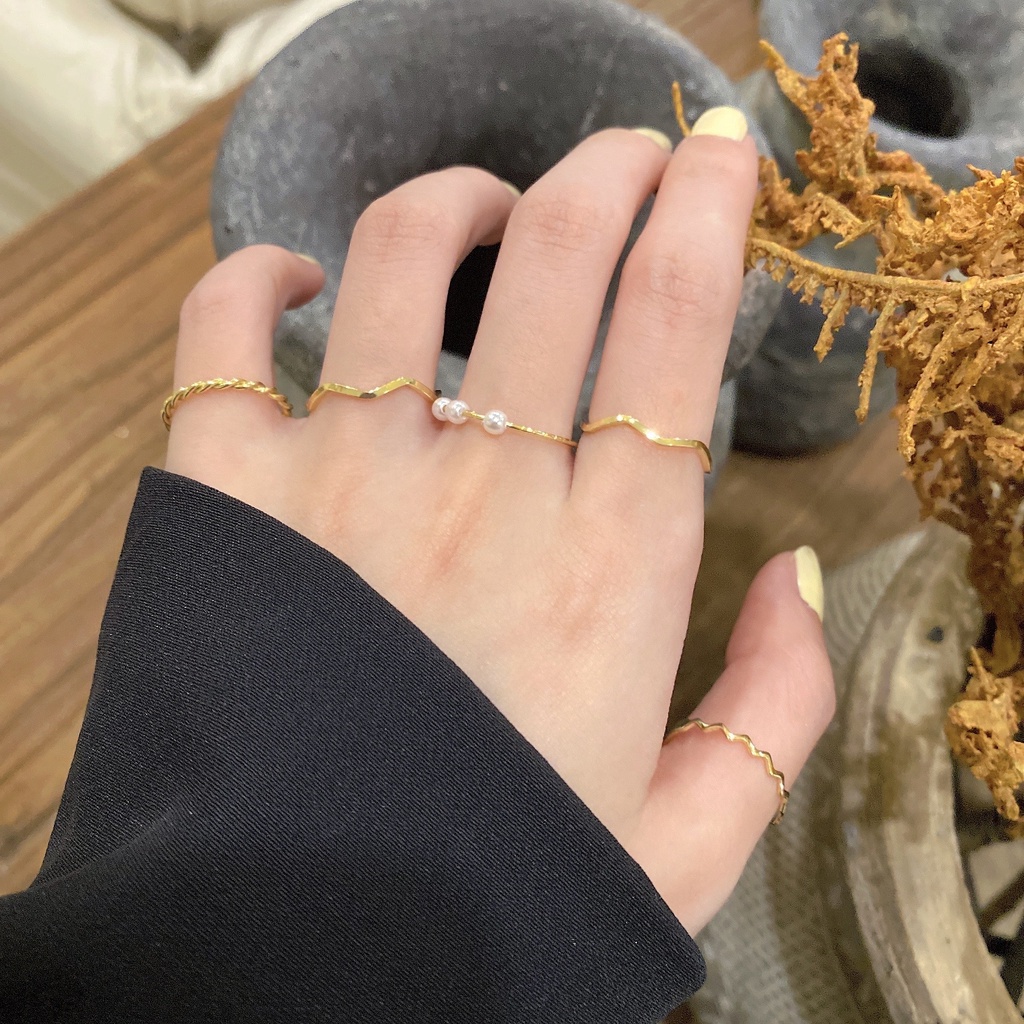 Bộ nhẫn mạ vàng đính ngọc trai nhân tạo phong cách cổ điển