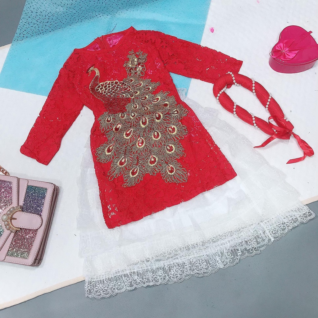 Áo Dài Cách Tân Cho Bé Gái  Mẫu Công Kim Sa Lấp Lánh 8Kg Đến 18Kg .