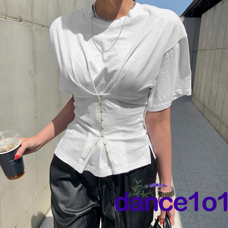 Áo thun nữ thiết kế dây đan chéo thắt lưng cổ tròn theo phong cách Hàn Quốc