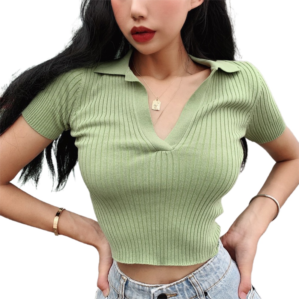 Women Solid V-neck Polo Shirt Knitted Slim Fit Short Sleeve Summer Casual